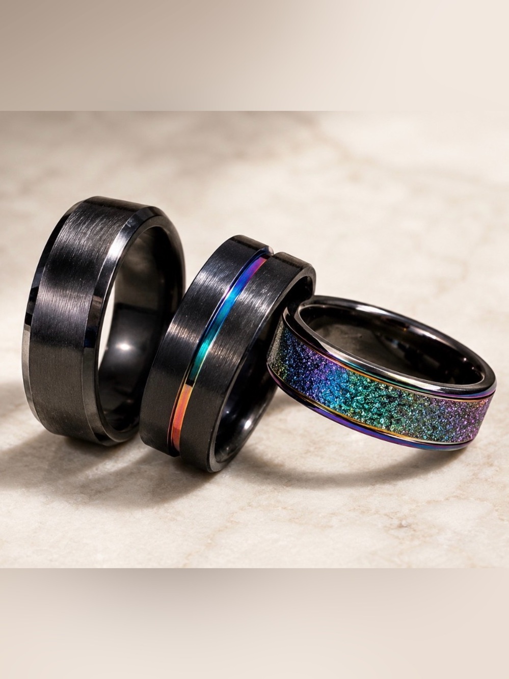 Fashion Rings, Size 12, Lot of 3 Black Bands Rainbow Groove Glitter Inlay. BRD